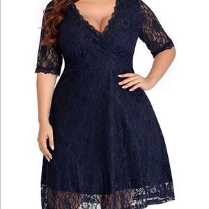 Plus Size Lace V neck cocktail dress Navy